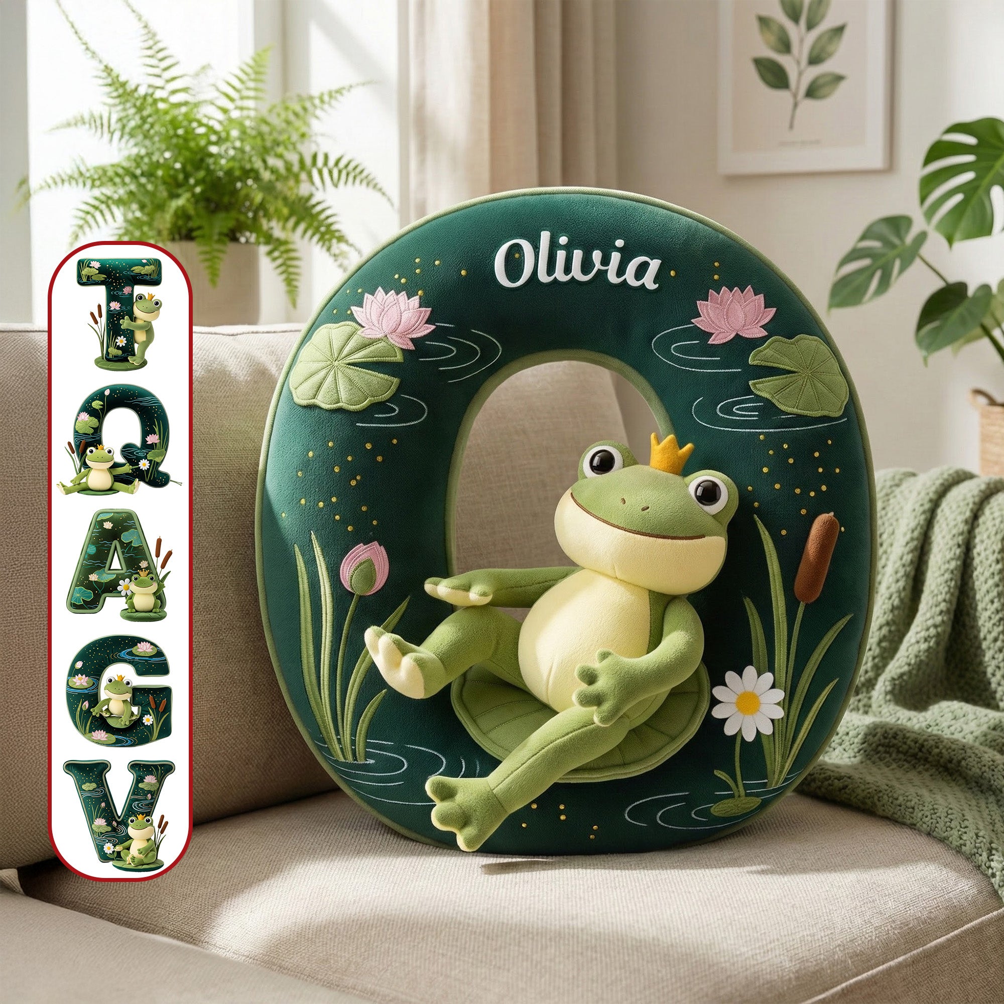 Hoppy Memories Await: Personalized Adorable Frog Initial Pillow - The Perfect Gift for Frog Lovers Pillow PopCulturePrints