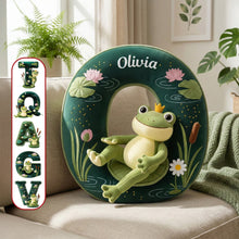 Load image into Gallery viewer, Hoppy Memories Await: Personalized Adorable Frog Initial Pillow - The Perfect Gift for Frog Lovers Pillow PopCulturePrints
