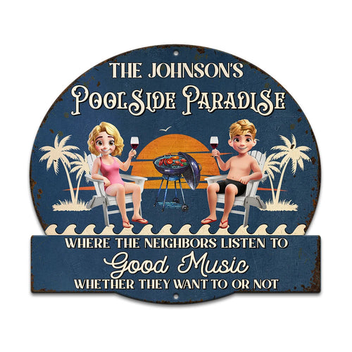 Poolside Paradise: Personalized Metal Sign for Couples Metal Sign PopCulturePrints