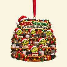 Load image into Gallery viewer, Merry Grinchmas from the Office Chaos Crew - Personalized Acrylic Ornament for Coworkers
