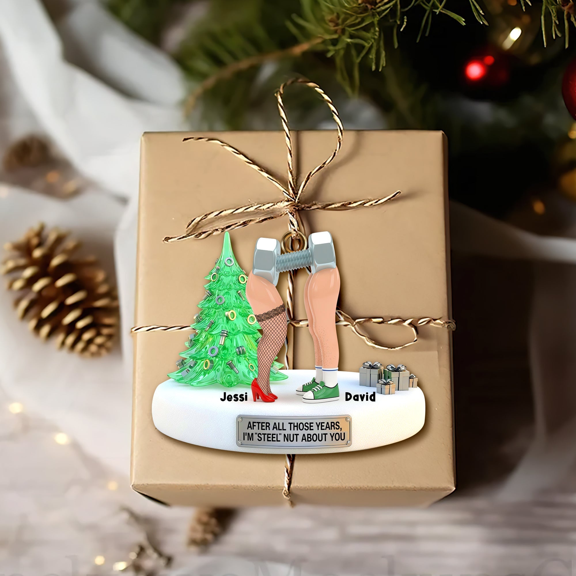 “After All Those Years, I’m ‘Steel’ Nut About You” - Personalized Naughty Nut and Screw Couple Ornament - Gift for Couples, Romantic Partners, Anniversaries Ornament PopCulturePrints