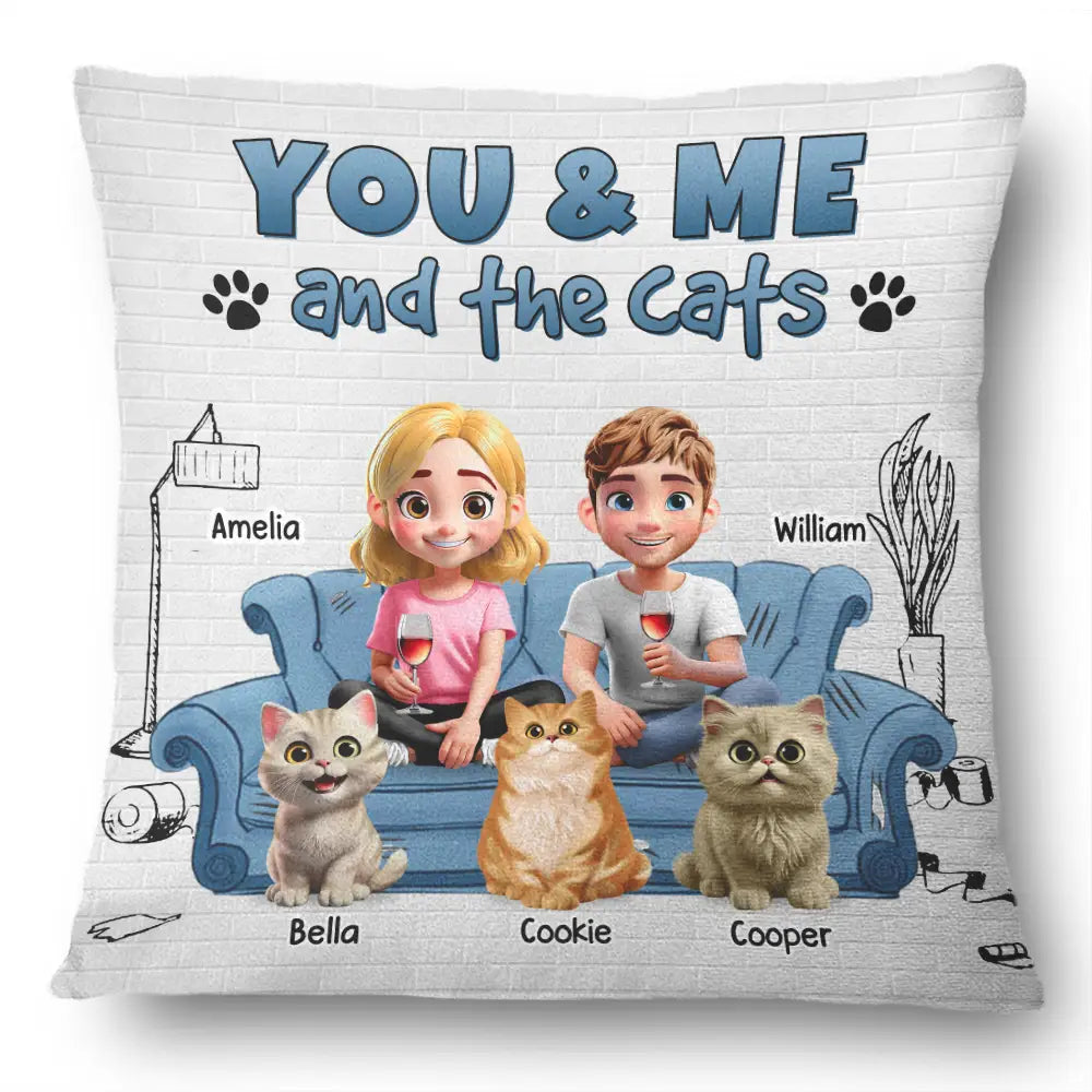 "You And Me And The Cats" - Personalized 3D Effect Pillow - Perfect Gift for Cat Lovers and Families Pillow PopCulturePrints