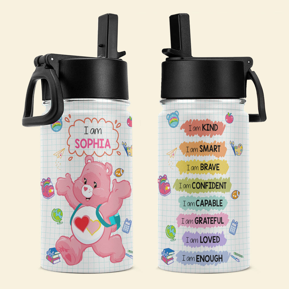 Personalized Kids Water Bottle - Cute Bear Design with Positive Affirmations