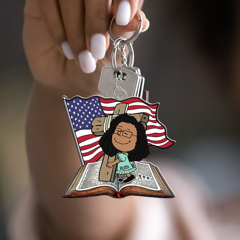 Customized Christian Keychain - Wooden Cross with Bible & American Flag Keychains PopCulturePrints