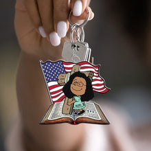 Load image into Gallery viewer, Customized Christian Keychain - Wooden Cross with Bible &amp; American Flag Keychains PopCulturePrints
