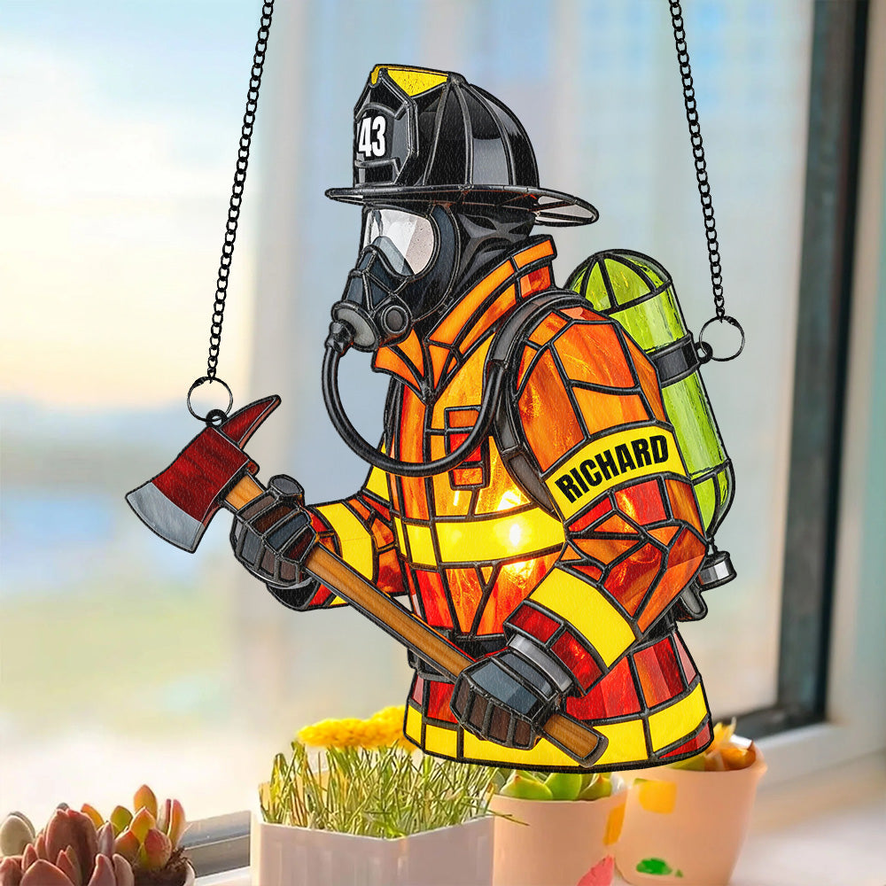“Courageous Protector” - Personalized Firefighter Suncatcher Ornament - Unique Gifts for Firefighters Ornament PopCulturePrints