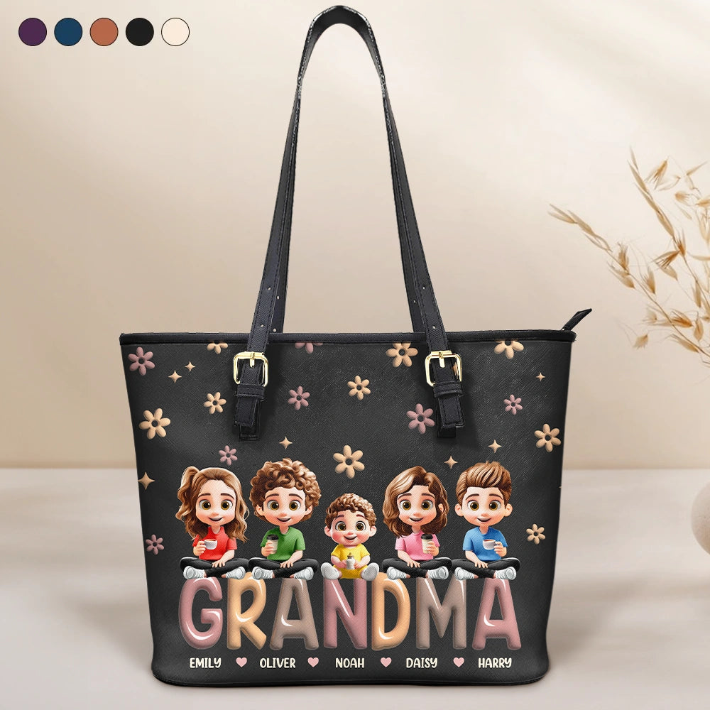 “Cherish Every Moment” - Personalized Leather Tote Bag - Gift for Grandma Leather Tote Bag PopCulturePrints