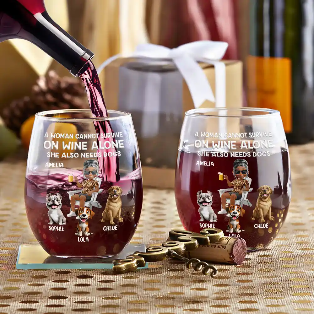 A Woman Cannot Survive On Wine Alone - Personalized Dog Mom Cartoon Stemless Wine Glass Wine Glass PopCulturePrints