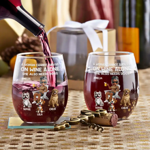 Load image into Gallery viewer, A Woman Cannot Survive On Wine Alone - Personalized Dog Mom Cartoon Stemless Wine Glass Wine Glass PopCulturePrints
