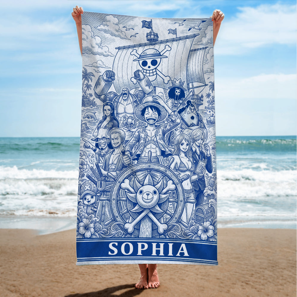 Sail into Adventure: Personalized Voyage Toile De Jouy Beach Towel - Custom Gift for Animation Lovers