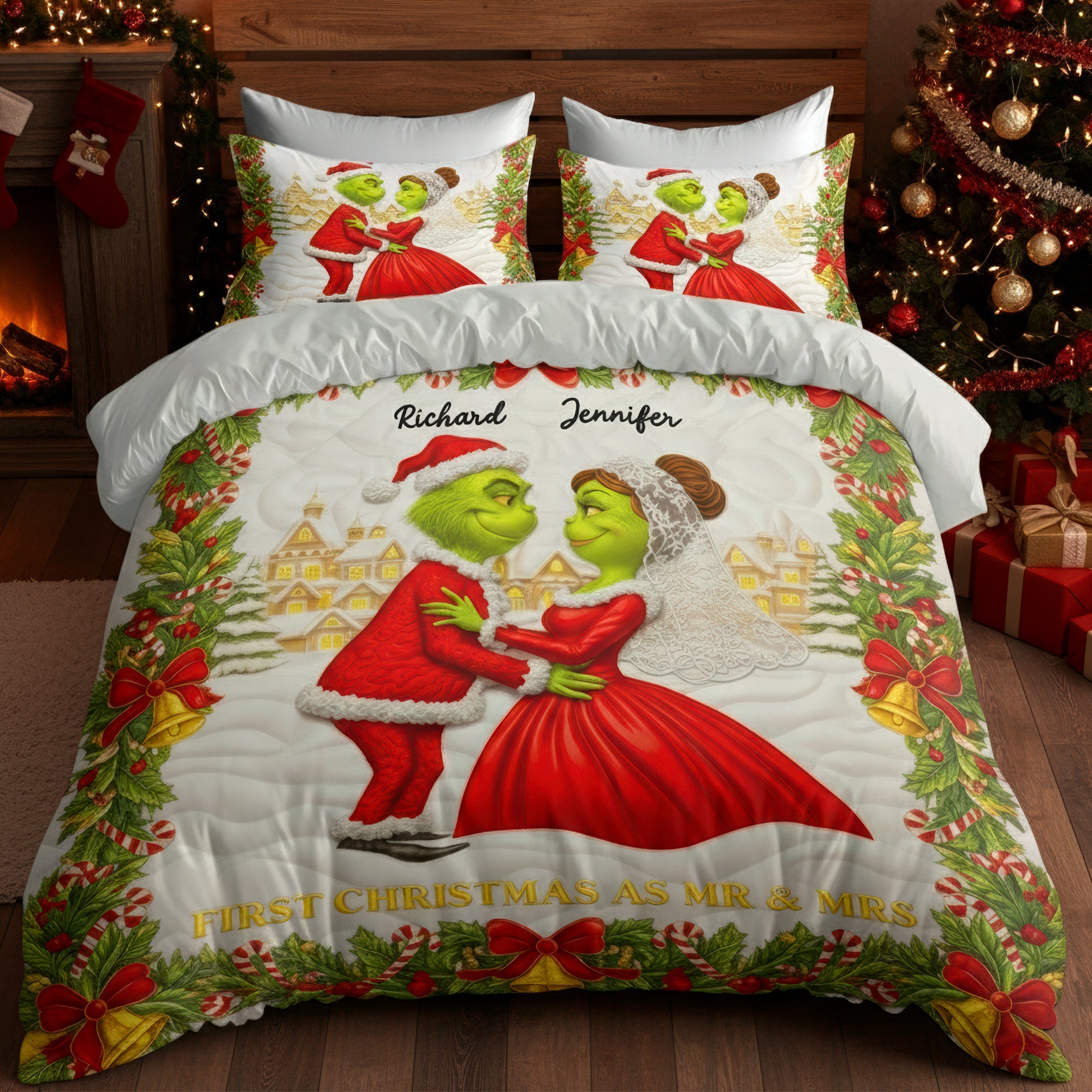 Celebrate Your Love with Our Grinch-Inspired Green Monster Couple Christmas Quilt - Personalized Bedding Set for Couples Bedding Set PopCulturePrints