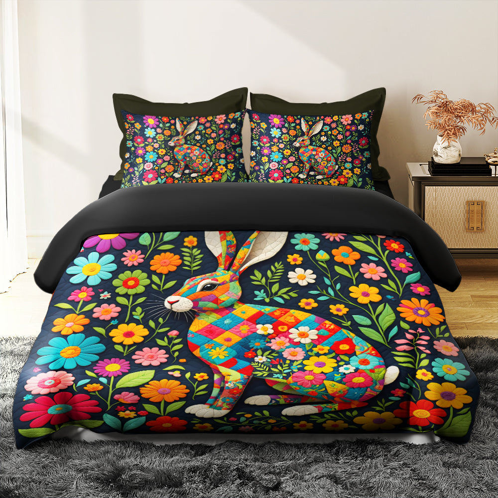 Whimsical Rabbit Lovers Quilt Bed Set - Colorful Floral Designs Blanket PopCulturePrints