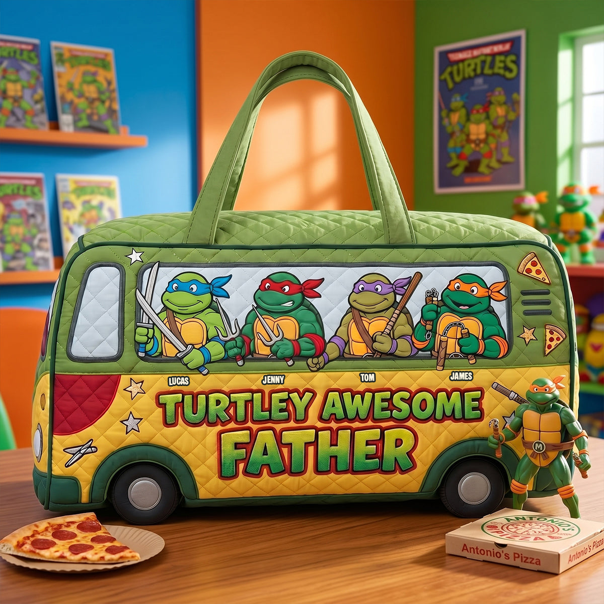 Turtley Awesome Father: Personalized Duffle Bag for Dads Quilted Duffle Bag PopCulturePrints