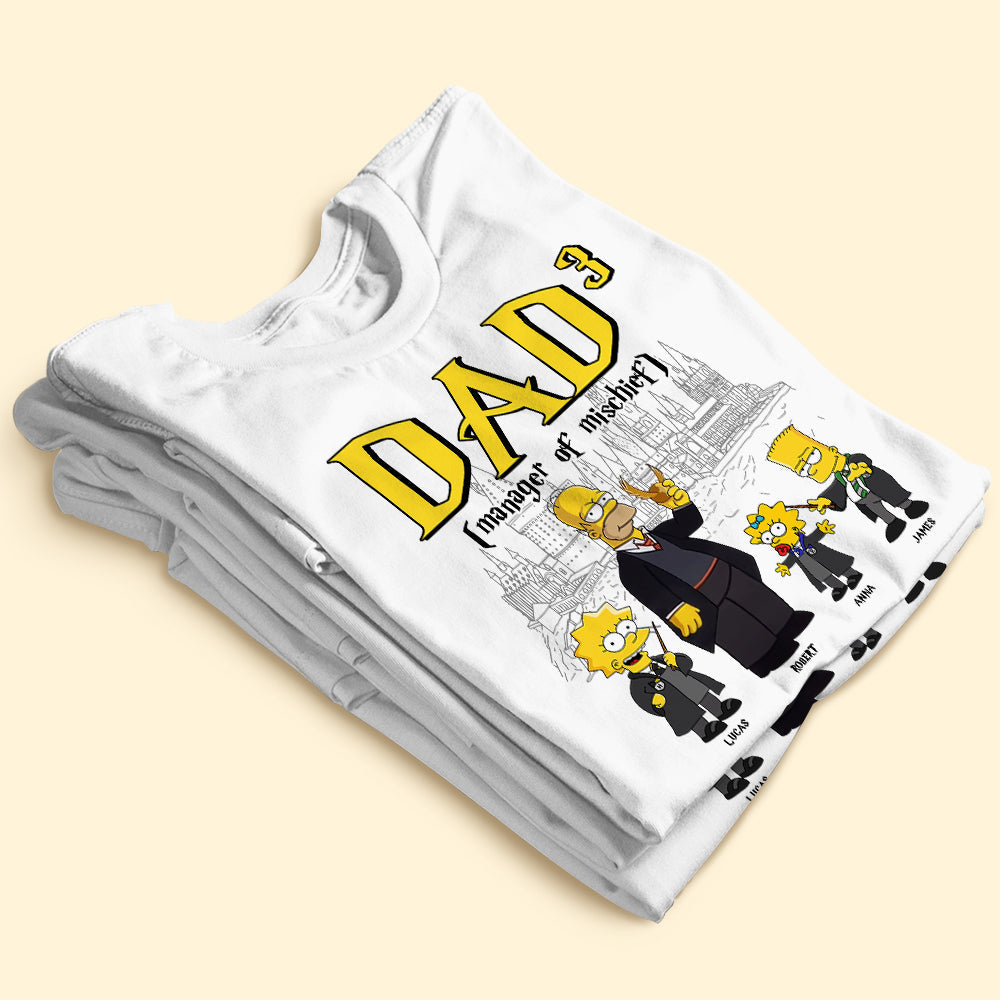 Personalized Dad T-Shirt: Manager of Mischief - Simpson Family Hogwarts Edition