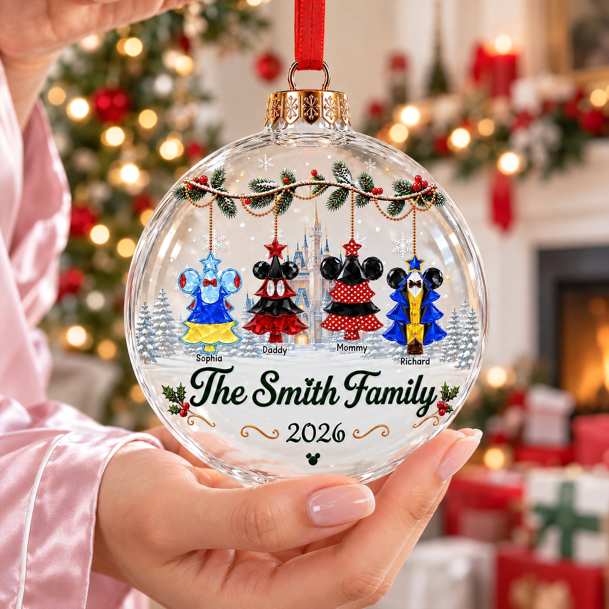 "Family Traditions Wrapped in Love" - Personalized Snowball Acrylic Ornament - Unique Christmas Gift for Mom, Dad, Family, and Friends