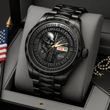 Load image into Gallery viewer, Death Smiles at Everyone, A Veteran Smiles Back - Fierce Military Skull Luxury Men's Watch | Personalized Gift for Veterans Men's Watch PopCulturePrints
