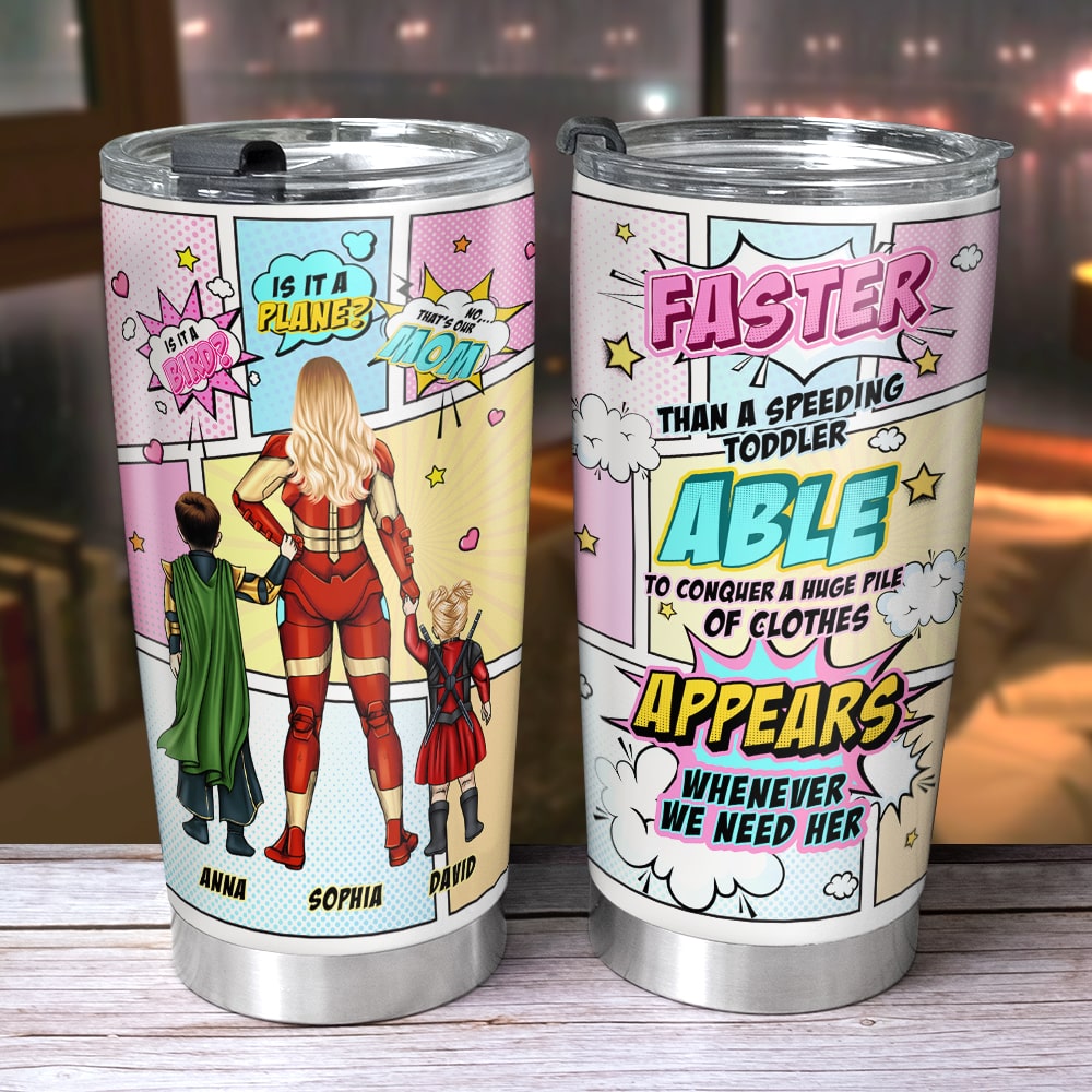 Super Mom Comic Style Personalized Tumbler - Faster Than a Speeding Toddler