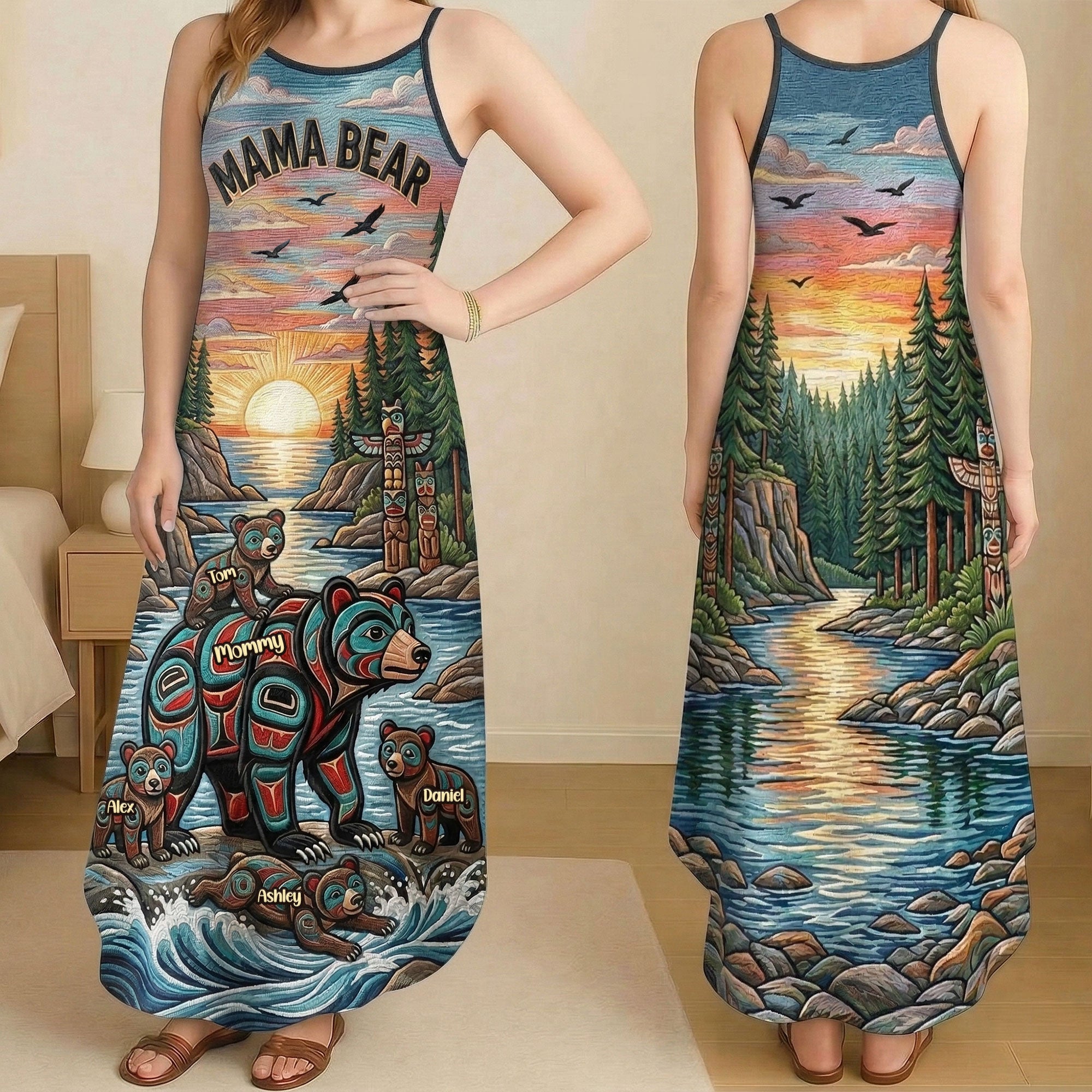 “Celebrate the Love of Motherhood” - Mama Bear Suspender Maxi Dress - Personalized Gift for Moms Dress PopCulturePrints