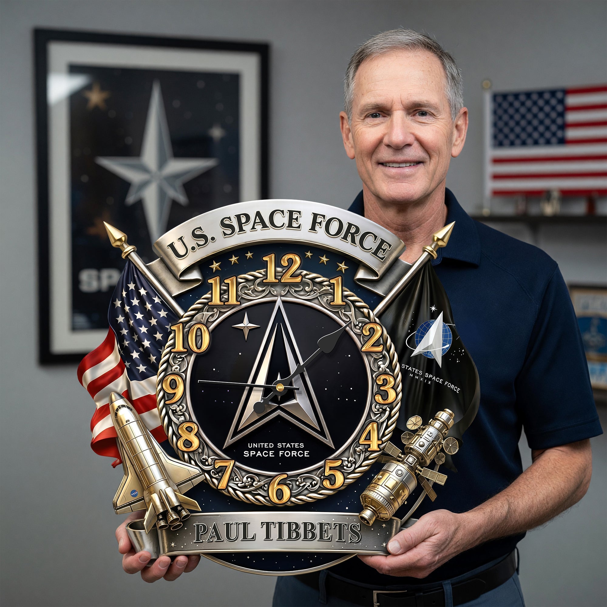 “Time is the Essence of Valor” - Personalized Space Military Hanging Clock - Unique Gift for Veterans and Space Enthusiasts