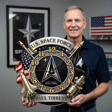 Load image into Gallery viewer, “Time is the Essence of Valor” - Personalized Space Military Hanging Clock - Unique Gift for Veterans and Space Enthusiasts
