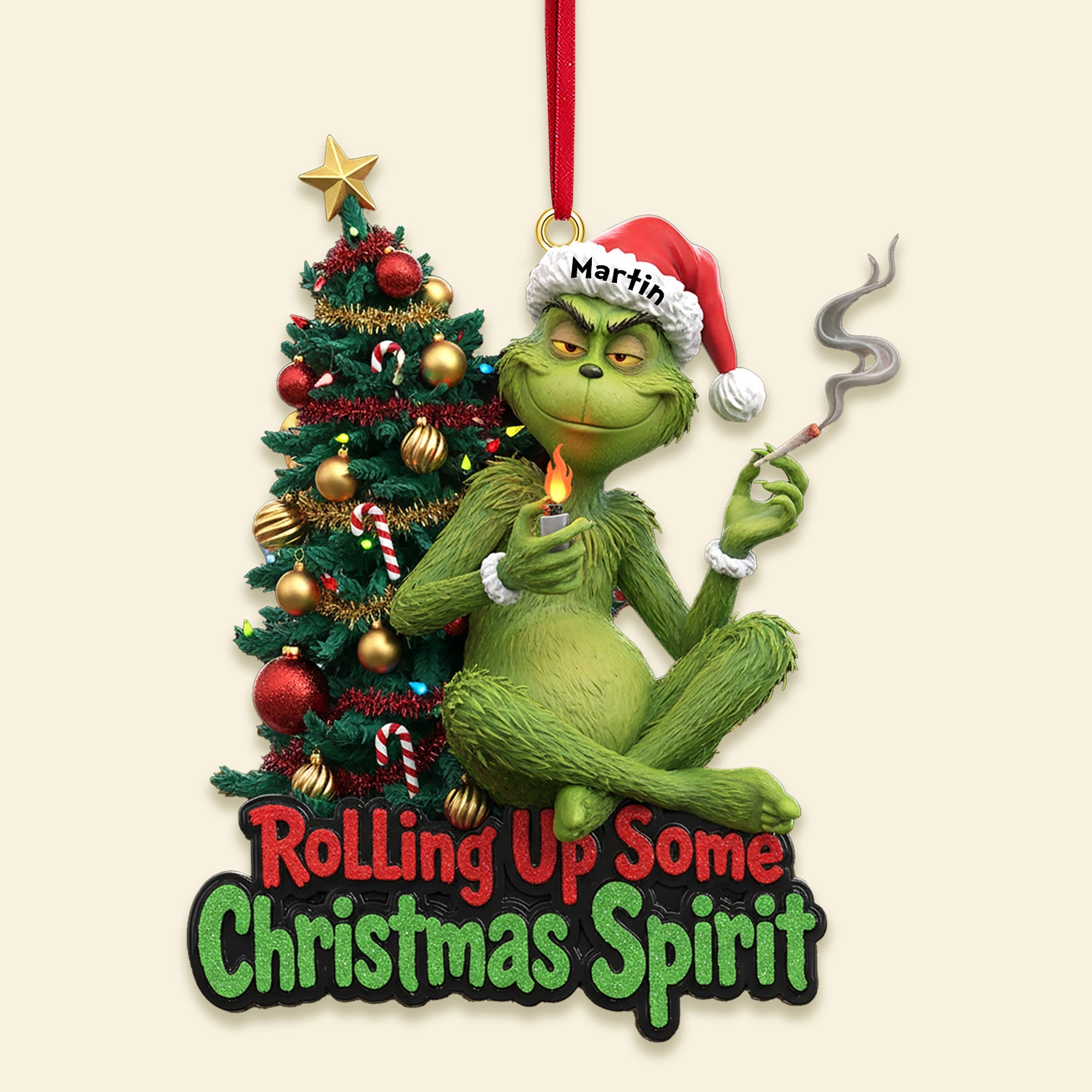 "Rolling Up Some Christmas Spirit" - Personalized Green Monster Smoker Couple Christmas Ornament - Custom Gift for Couples, Friends, and Family Ornament PopCulturePrints