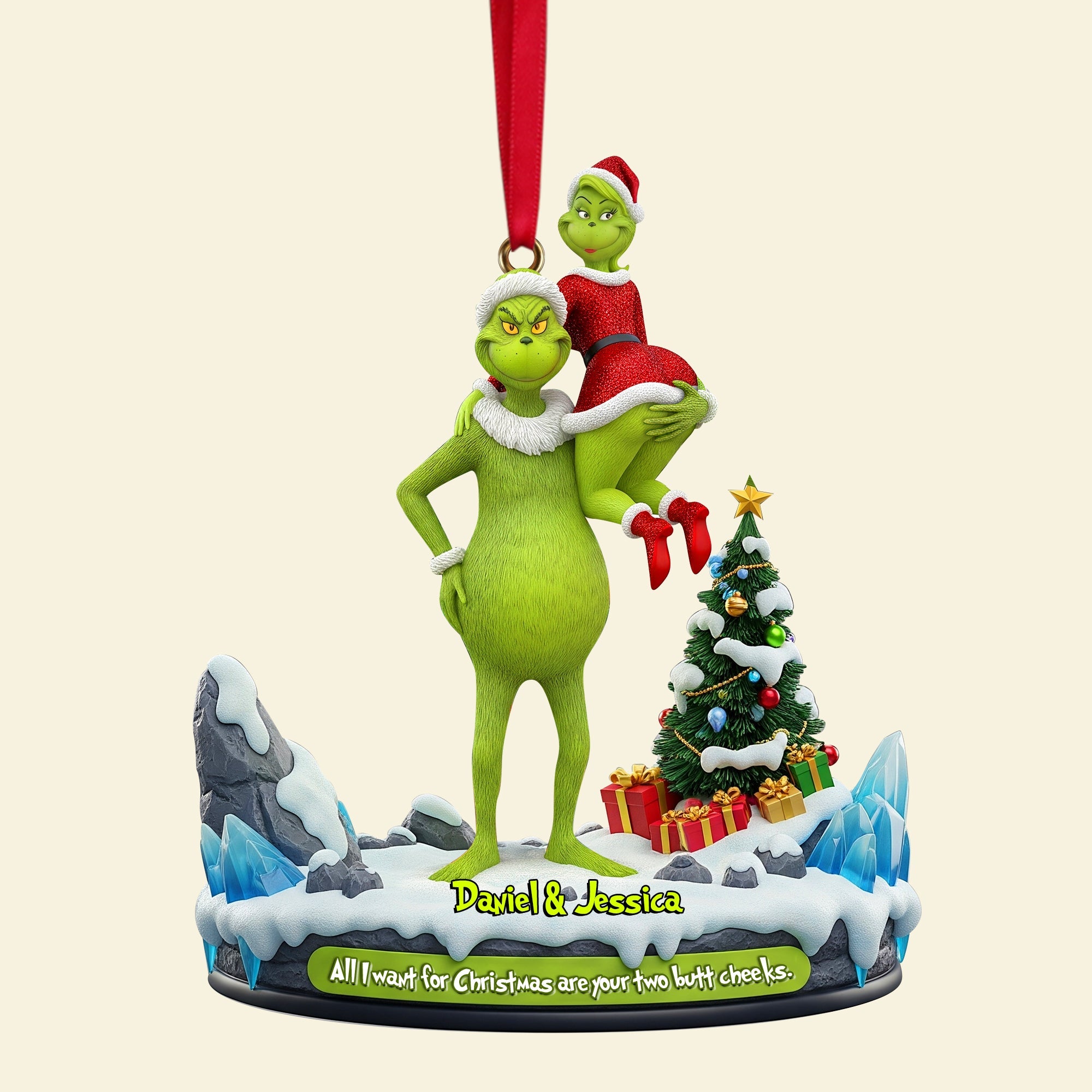 All I Want for Christmas: Hugging Green Monster Couple Ornament - Personalized Gift for Couples Ornament PopCulturePrints