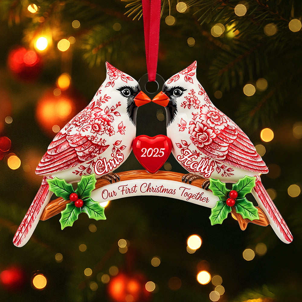 “Celebrate Your Love” - Couple Cardinal Toile de Jouy Ornament - Custom Personalized Gifts for Couples, Newlyweds & Families Ornament PopCulturePrints