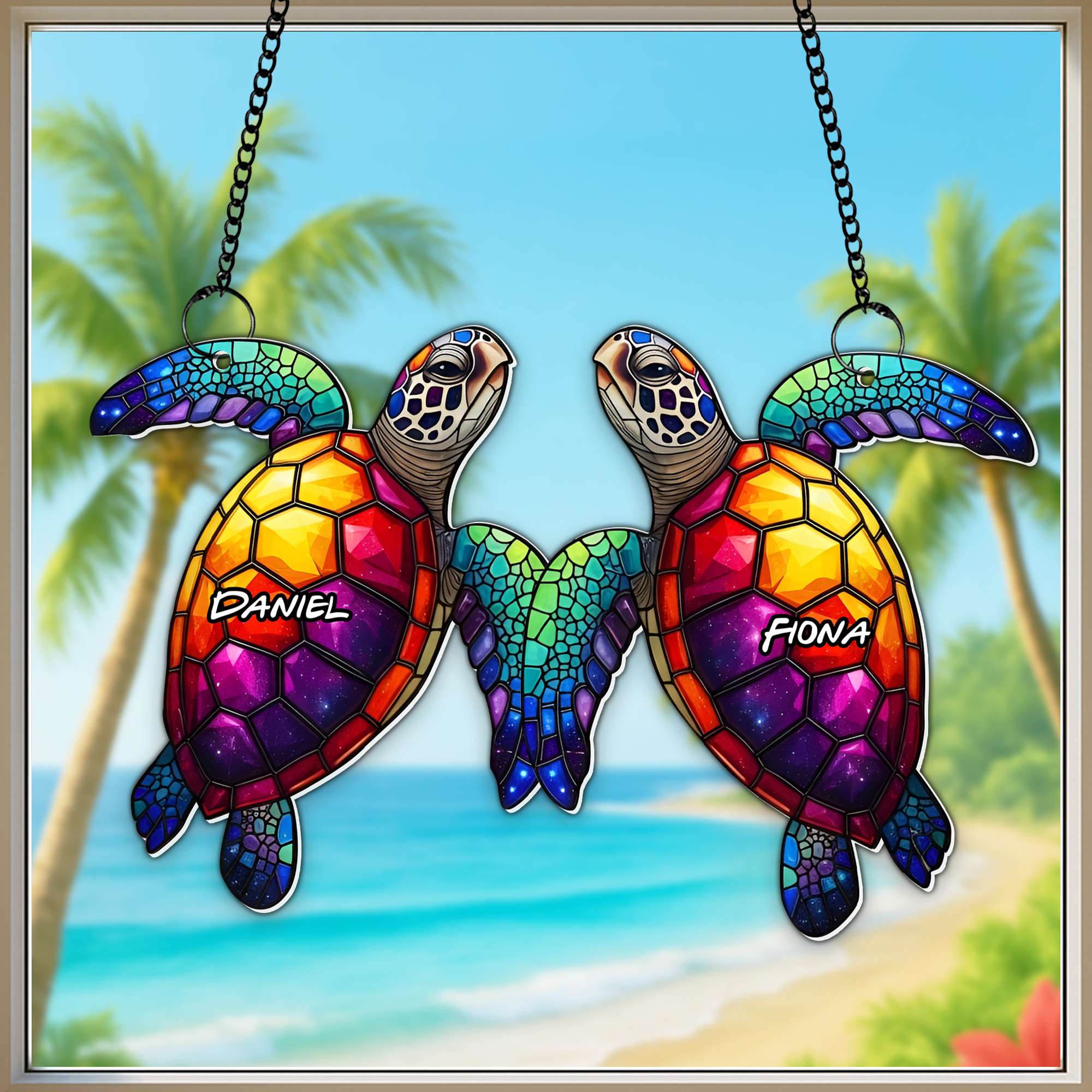 “Together in Harmony” - Ocean Soulmates Turtle Suncatcher Ornament - Personalized Custom Gift for Couples, Friends, and Loved Ones Ornament PopCulturePrints