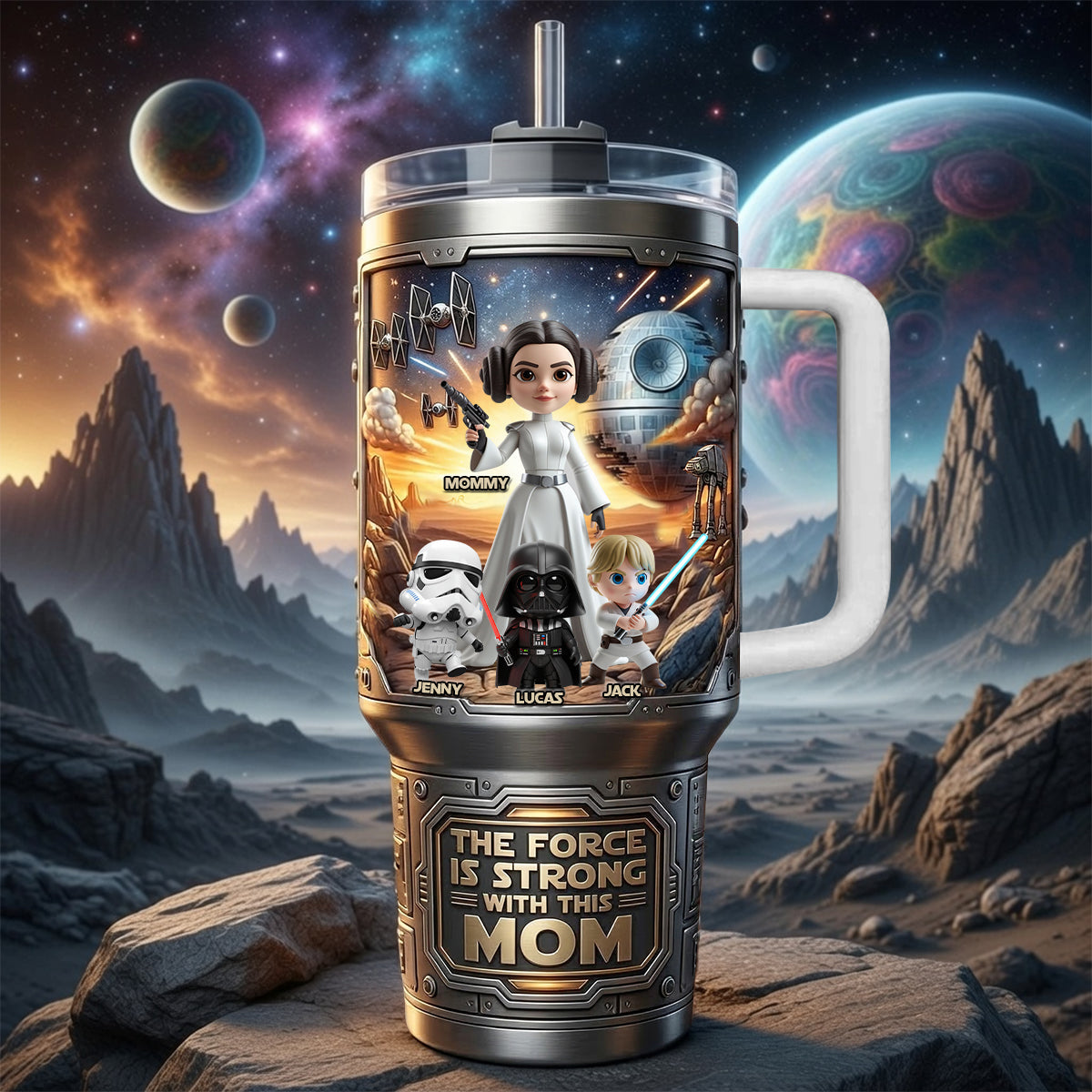 The Force is Strong with This Mom - Personalized 40oz Tumbler with Handle - Unique Gift for Mom, Grandma and Star Wars Fans Tumbler Cup PopCulturePrints