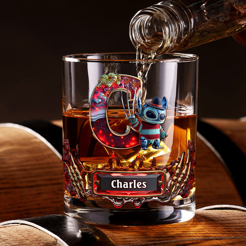 Cute Monster Letter Round Glass - Personalized Fun Drinkware for Halloween Enthusiasts Whiskey Glass PopCulturePrints