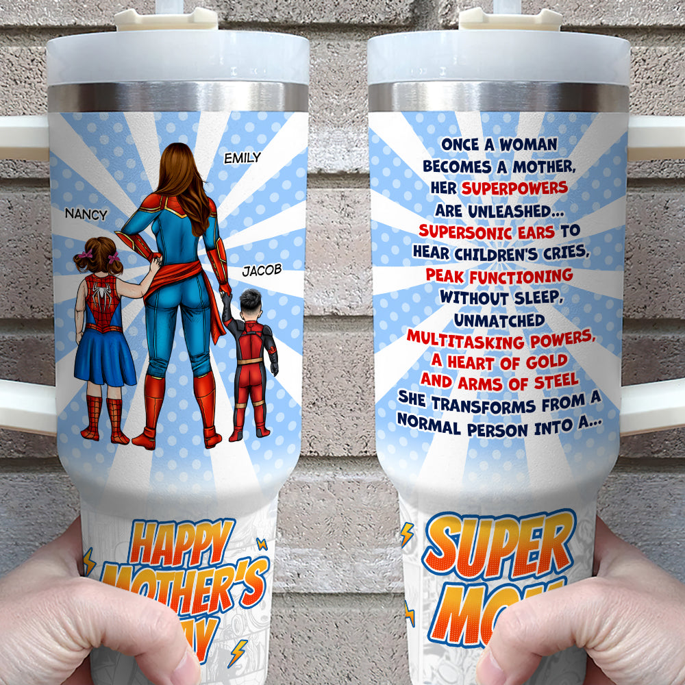 Personalized Super Mom Tumbler - Custom Names - Mother's Day Gift Tumbler Cup PopCulturePrints