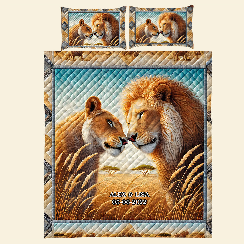 Personalized Lion Couple Quilt Bed Set | Romantic King & Queen Design Blanket PopCulturePrints