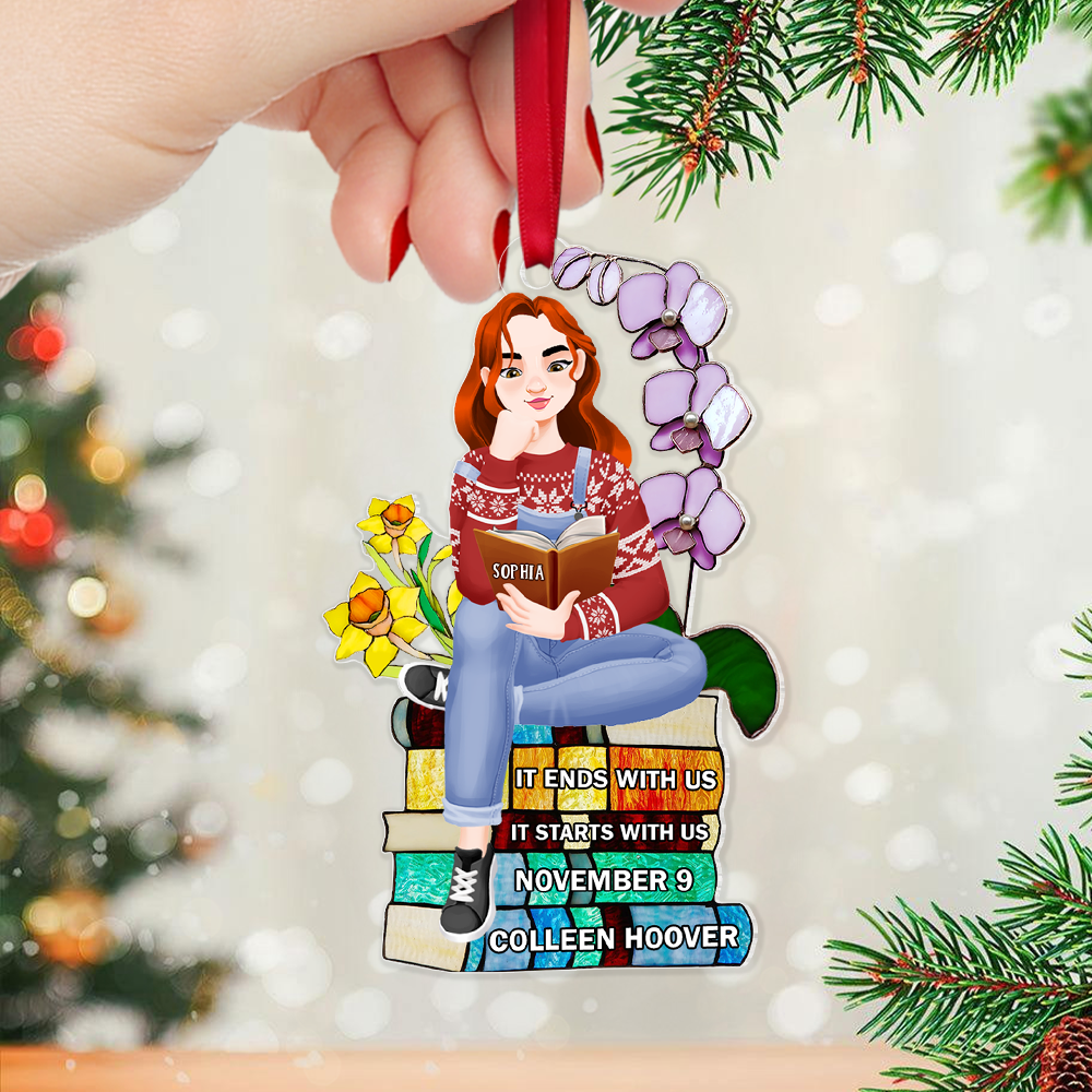 Custom Book Lover Christmas Ornament - Girl Reading on Book Stack Ornament PopCulturePrints