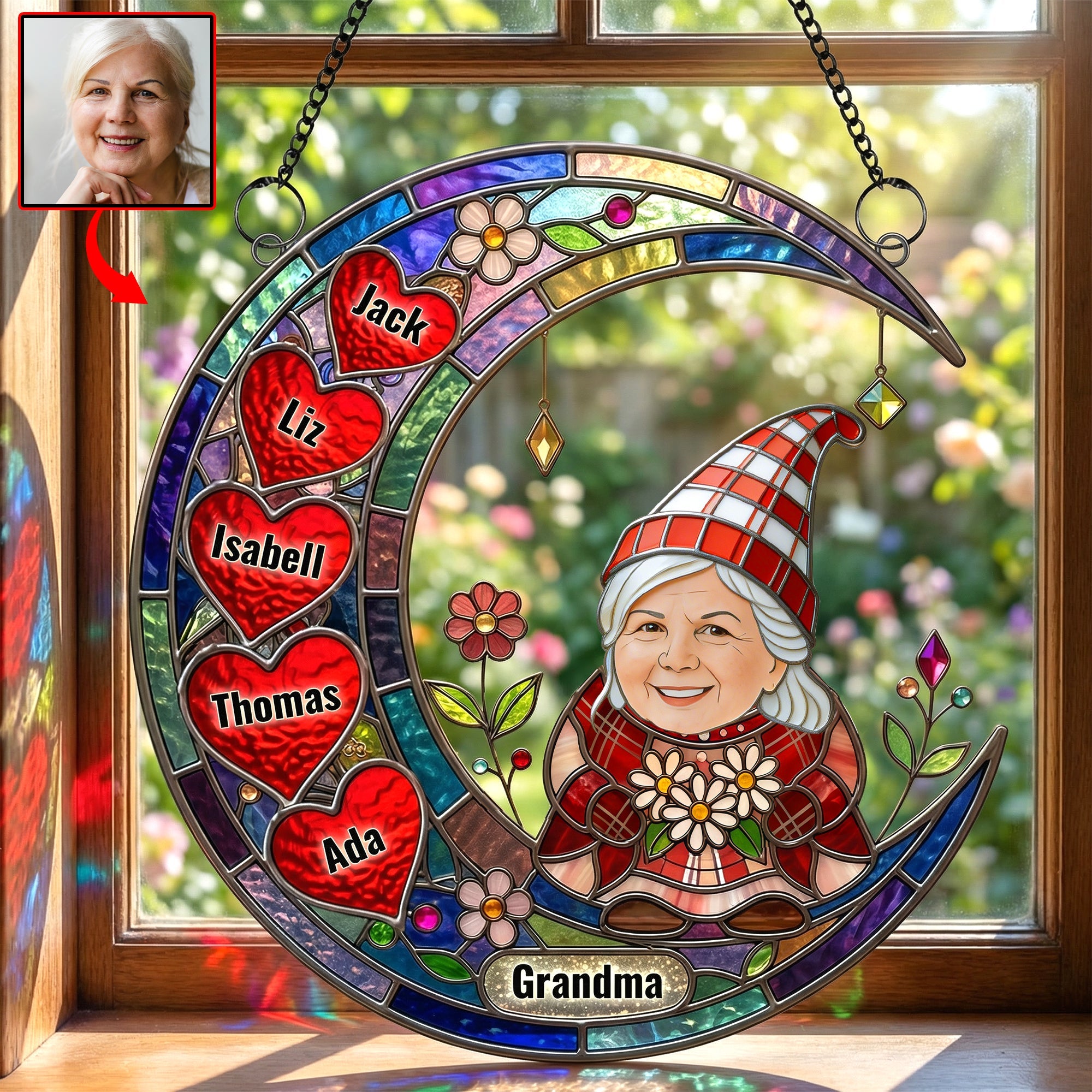 Personalized Grandma Suncatcher Ornament - Custom Photo Gnome Gift Ornament PopCulturePrints