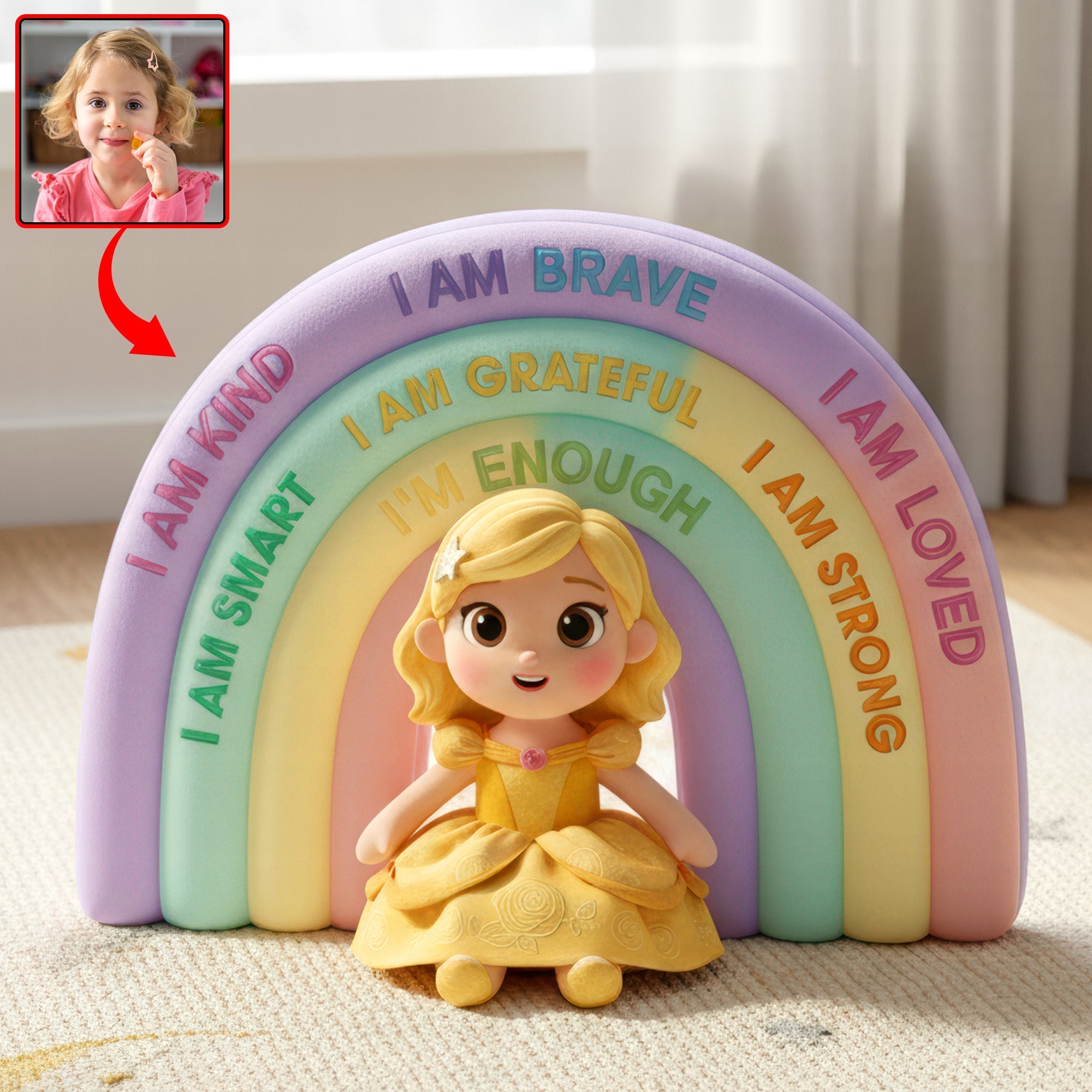 "I Am Brave, I Am Kind" - Positive Affirmations Rainbow Custom Shape Pillow - Personalized Custom Photo Gift for Kids Pillow PopCulturePrints