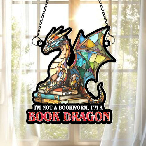 Personalized Book Lover's Suncatcher Ornament - Dragon Reading Book Ornament PopCulturePrints