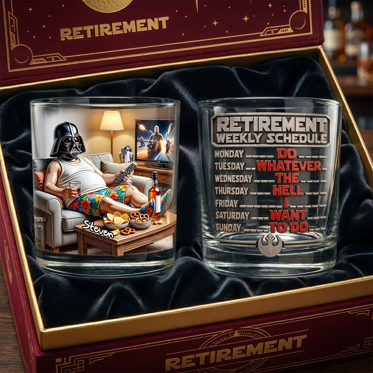 Retirement Weekly Schedule Round Glass - A Fun Personalized Gift for Relaxed Retirees Glass PopCulturePrints