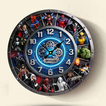 Load image into Gallery viewer, "Time for Heroes" - Unique Room Acrylic Wall Clock - Personalized Gift for Superhero Fans Hanging Wall Clock PopCulturePrints
