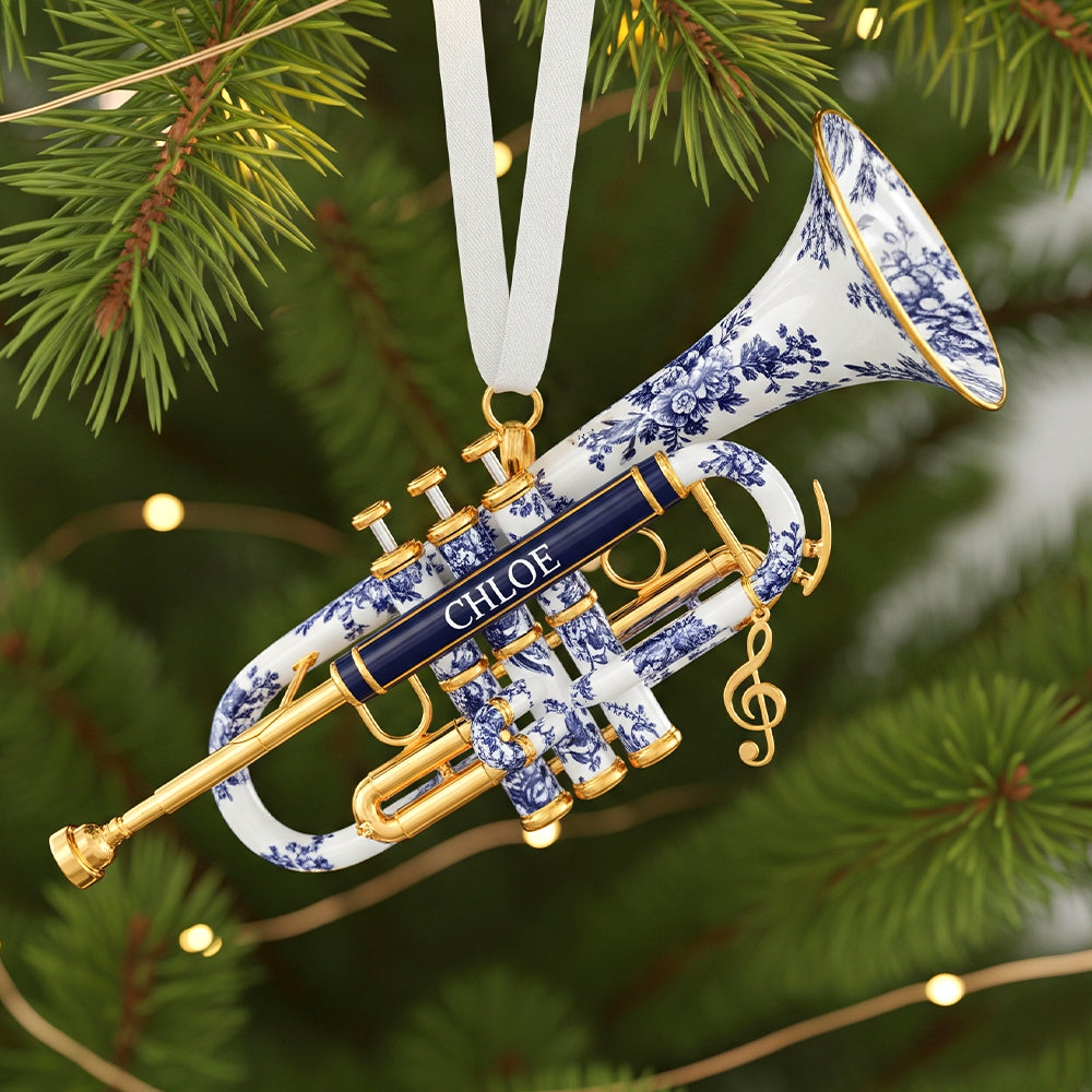 “Joyful Melodies!” Personalized Trumpet Toile de Jouy Christmas Ornament - Custom Gift for Musicians, Friends, and Family Ornament PopCulturePrints