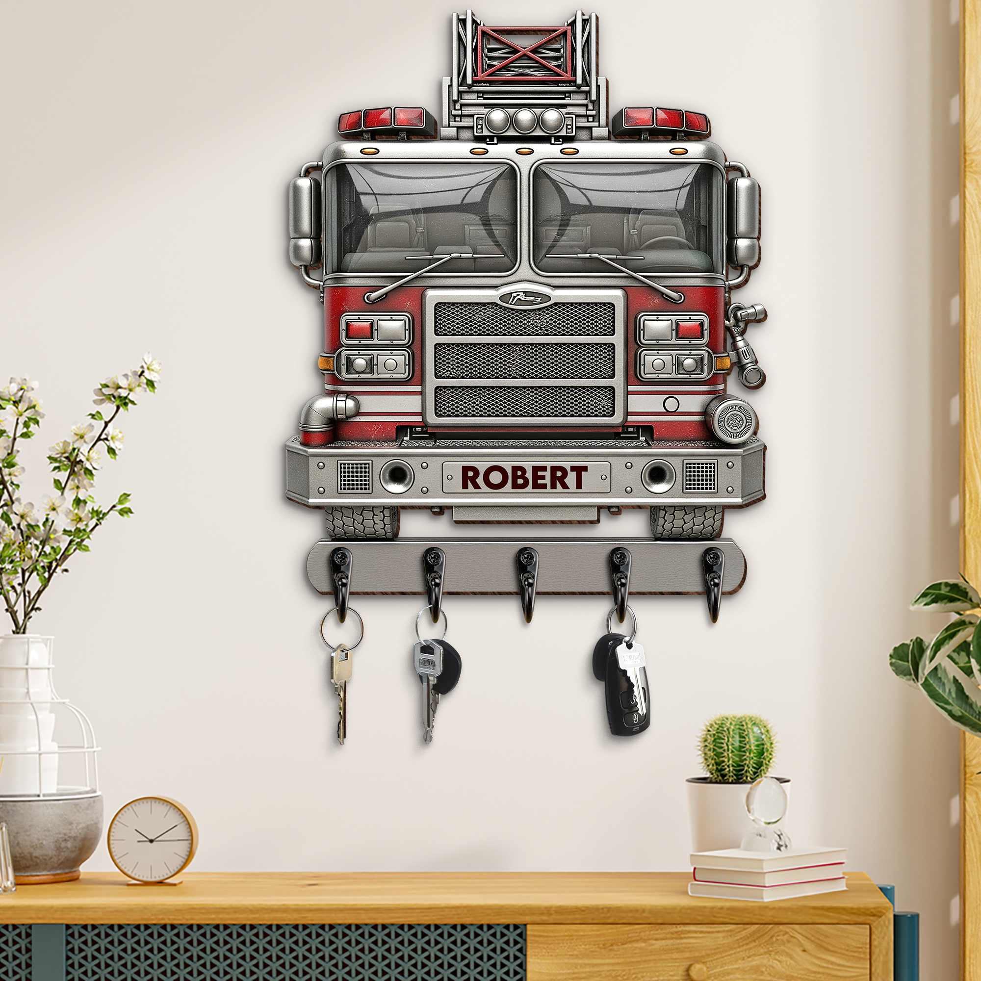 🚒 'Bringing Memories Home' - Rustic Firetruck Wood Key Hanger - Personalized Gift for Firefighters and Heroes Wood Sign PopCulturePrints