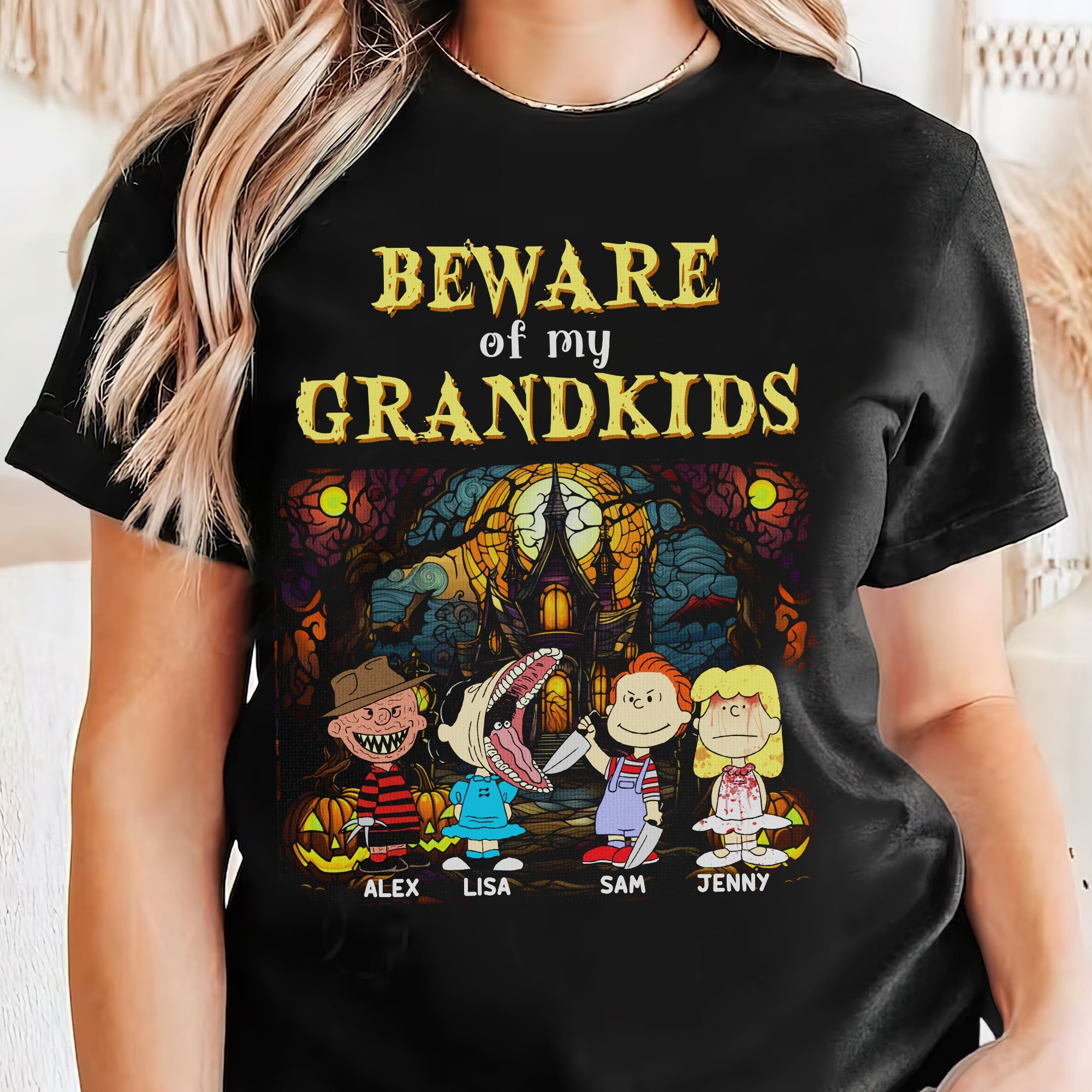 Personalized 'Beware of My Grandkids' 2D Horror Character Shirt for Grandma