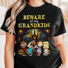 Load image into Gallery viewer, Personalized &#39;Beware of My Grandkids&#39; 2D Horror Character Shirt for Grandma
