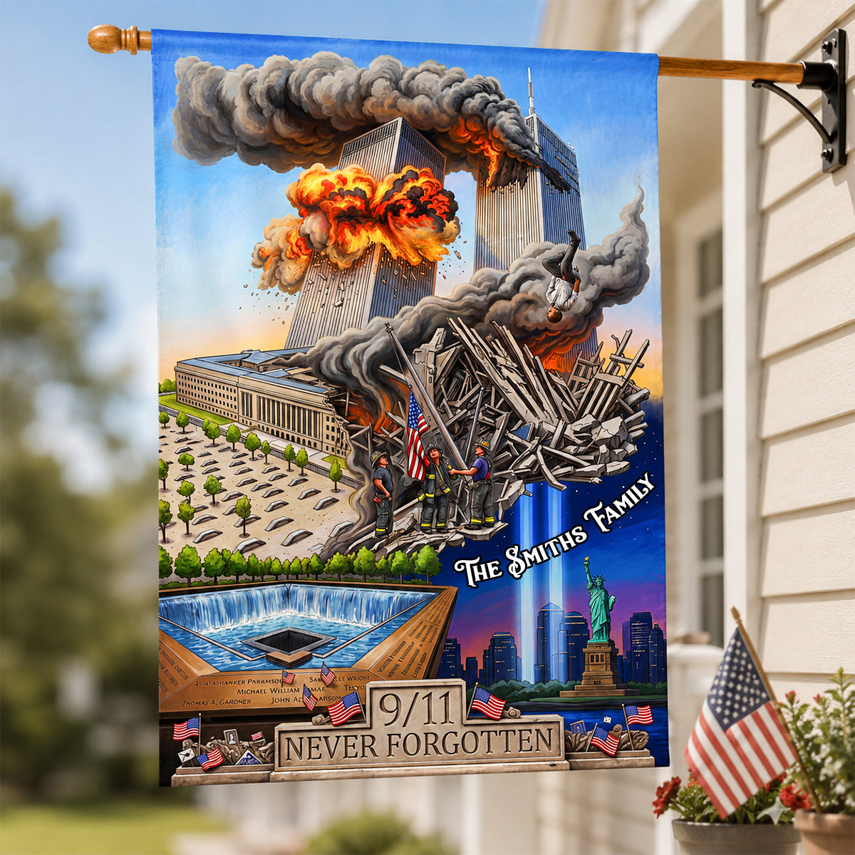 “Never Forget Our Heroes” - Patriotic Remembrance House Flag - Personalized Flag Gift for Family and Friends