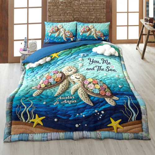 You, Me and The Sea - Personalized Turtle Couple Quilt Bedding Set Blanket PopCulturePrints