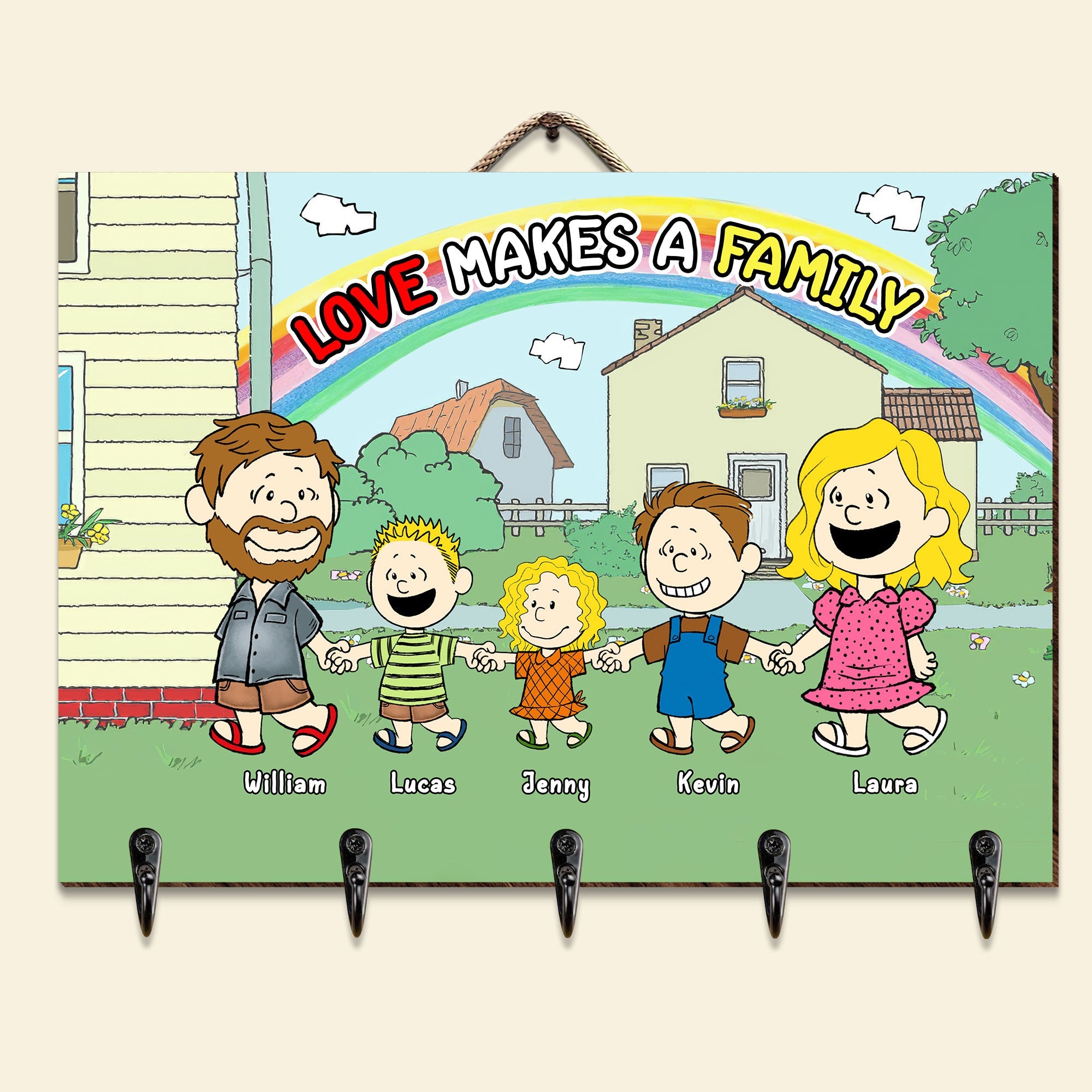 Personalized Family Key Hanger - Custom Cartoon Design with Names