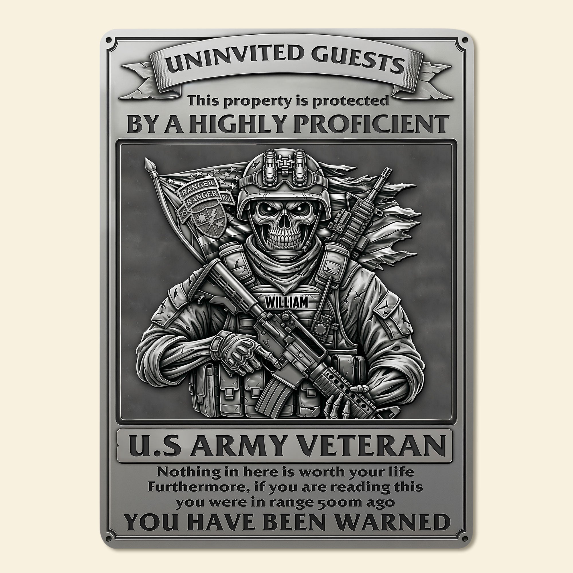 “Protected by a Highly Proficient Veteran” - Personalized Deadly Danger Metal Sign - Custom Gift for Veterans Metal Signs PopCulturePrints
