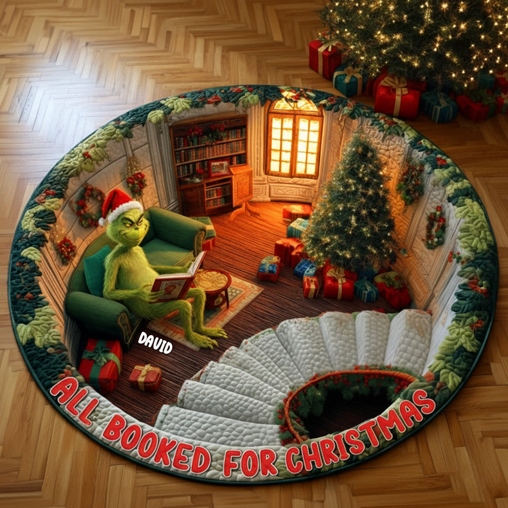 ‘All Booked for Christmas’ - Personalized Quilted Round Mat for Book Lovers Doormat PopCulturePrints