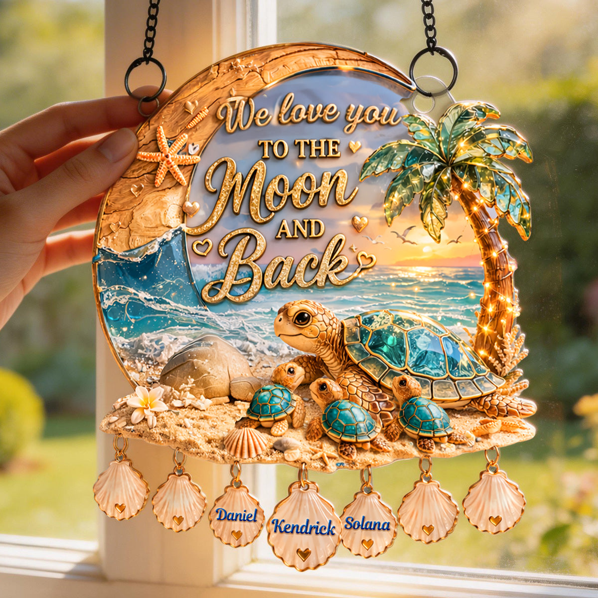 We Love You to the Moon and Back - Personalized Mother Turtle and Baby Suncatcher - A Heartfelt Gift for Mom, Grandma, and More Ornament PopCulturePrints