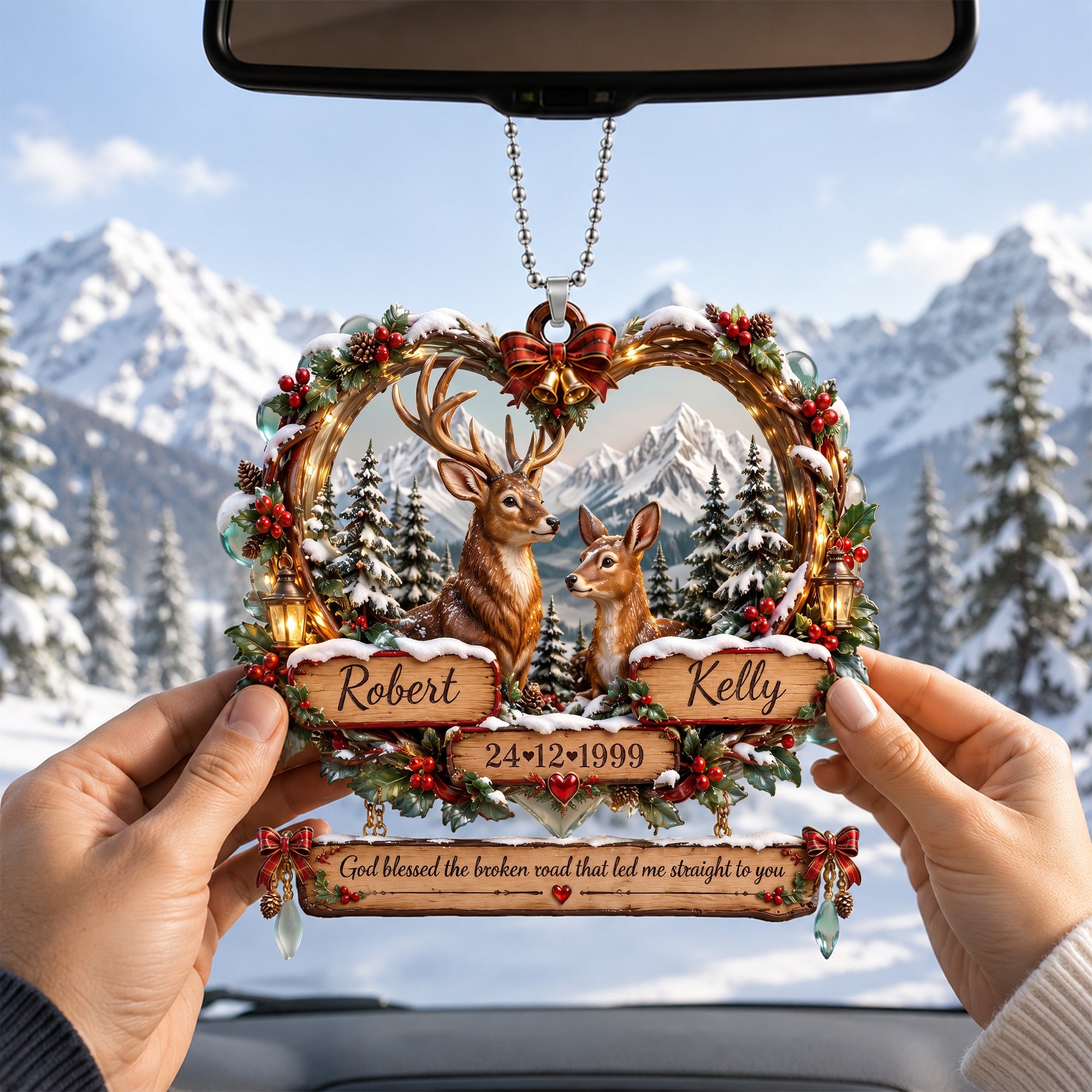 God Blessed Our Journey - Personalized Deer Couple Car Ornament for Couples