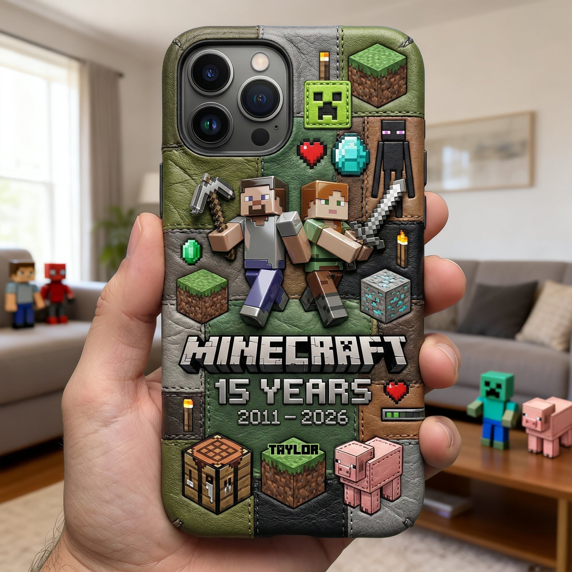 "Celebrate 15 Years of Adventure!" - Personalized Minecraft Phone Case for Fans and Gamers Phone Case PopCulturePrints